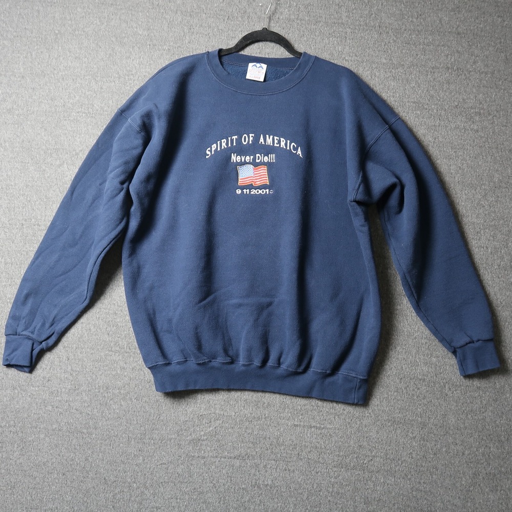 VTG Men Sweatshirt Pullover Spirit Of‎ America Never Die 9/11 2001 Navy Blue XL